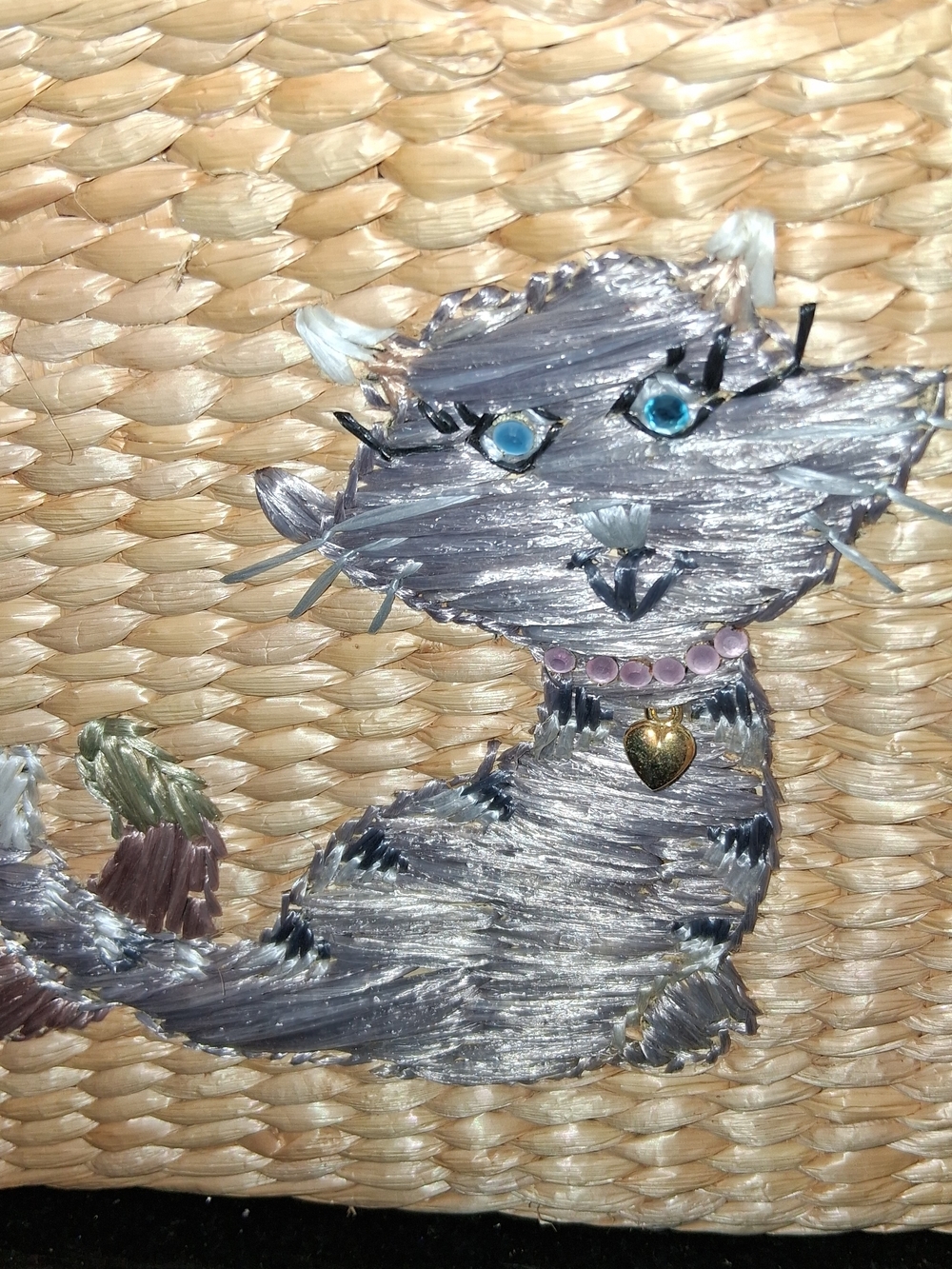 Capelli of New York Straw Tote with Pink and Gray Cat Embroidery - Picture 3 of 9